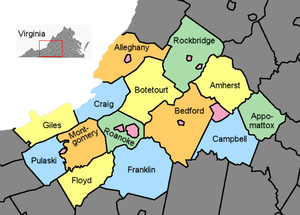 Virginia map of counties serviced by Steve Durrance Flooring